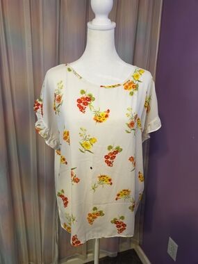 LOFT White Yellow Red Floral Semi Sheer Ruffled Blouse Size Large Petite